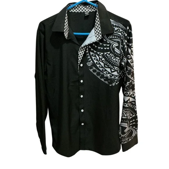 Manfinity Mens Tribal Graphic Print Button Up Shirt Black White Long Sleeve S - Picture 3 of 5